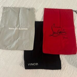 Christian Louboutin, Vince and Manolo Blanik shoe covers/dust bags.
